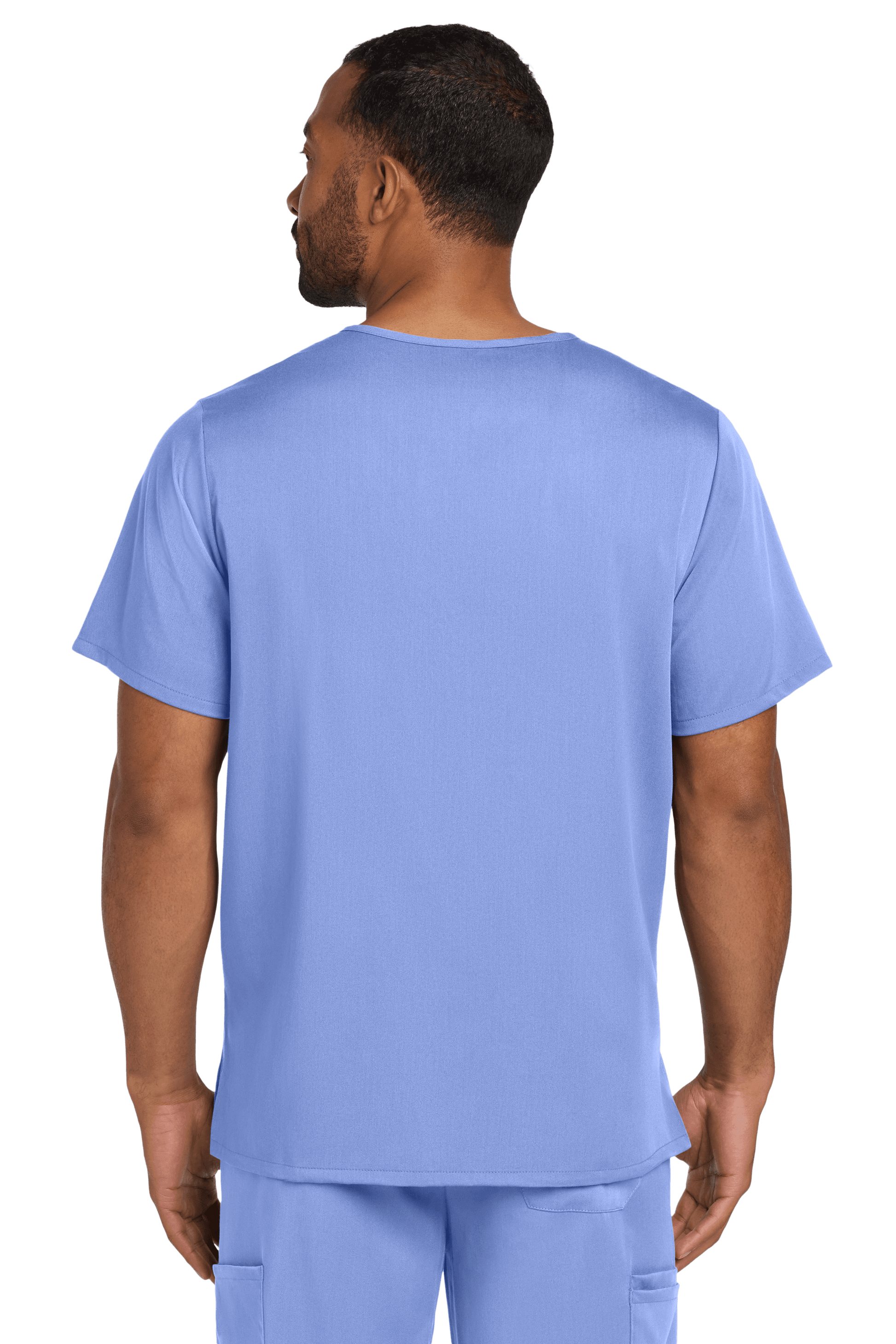 Male nurse wearing Wink Men's Premiere Flex V-Neck scrub top in light blue, showing the front view of the printed design.