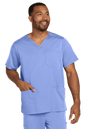 Male nurse wearing Wink Men's Premiere Flex V-Neck Scrub Top in light blue, front view showing the printed design.