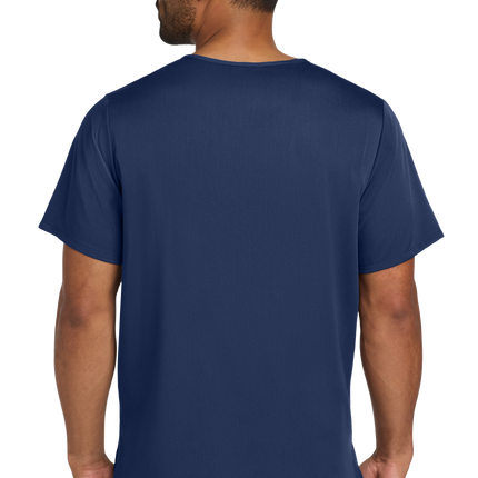 Male nurse wearing navy blue flex V-neck scrub top back