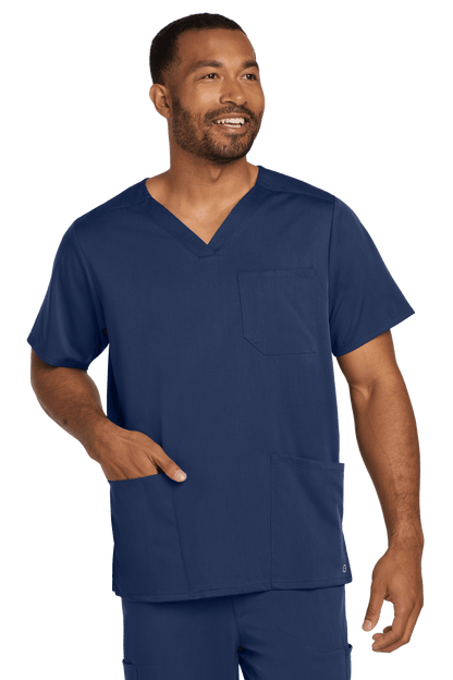 Navy blue Men's Premiere Flex V-Neck scrub top by Wink, front view showing lightweight, comfortable medical scrubs for healthcare professionals.