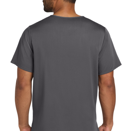 Male nurse wearing pewter grey flex V-neck scrub top back