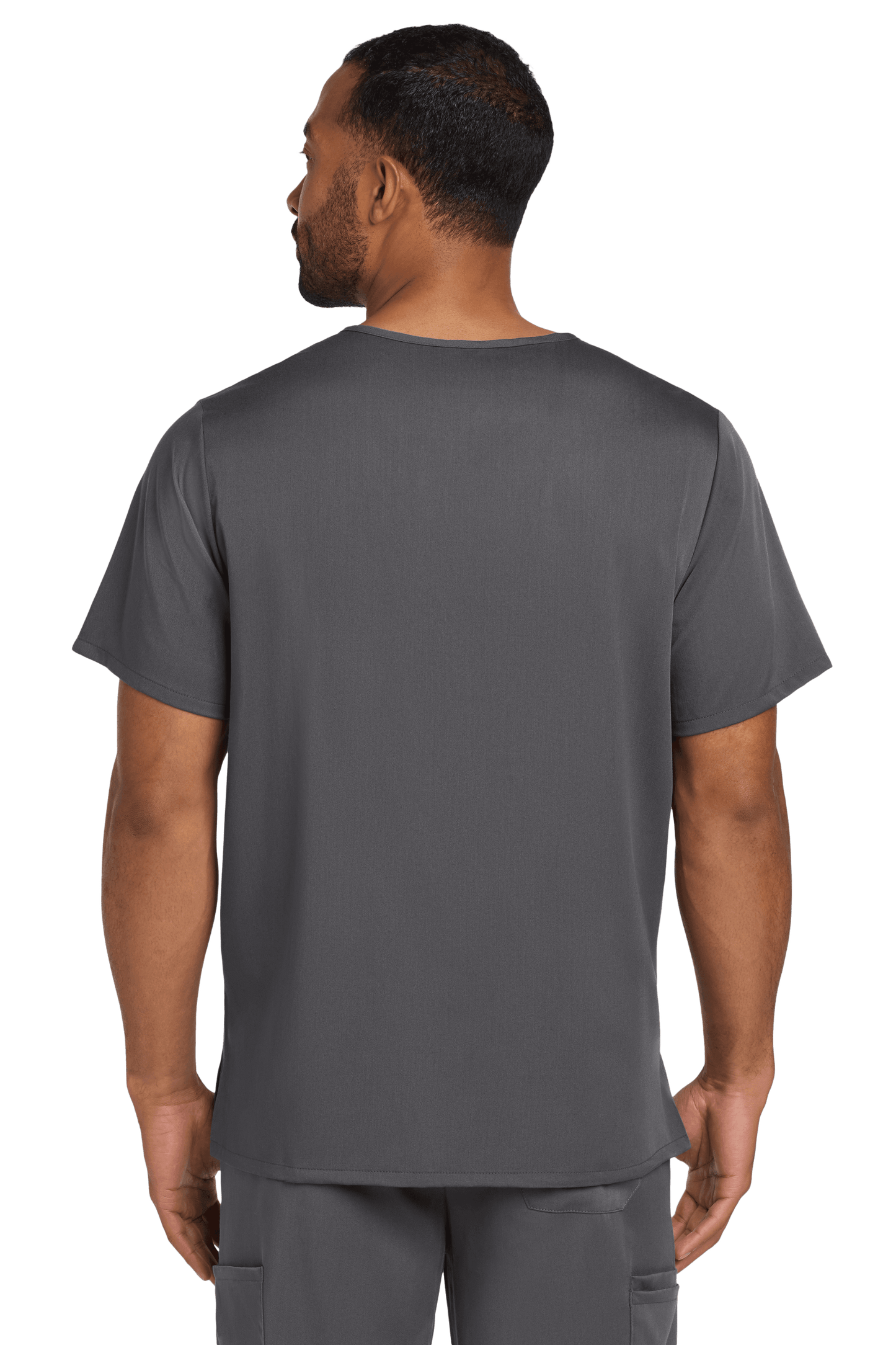 Male nurse wearing Wink Men’s Premiere Flex V-Neck Scrub Top in pewter grey, showing back view of the printed design.