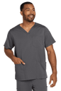 Male nurse wearing Wink Men's Premiere Flex V-Neck Scrub Top in pewter grey, front view showing print design and comfortable fit.