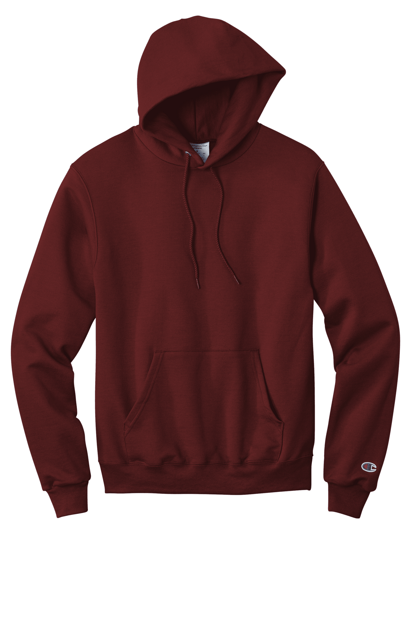 Maroon Champion Powerblend Pullover Hoodie with custom logo print, soft fleece fabric, and classic fit.