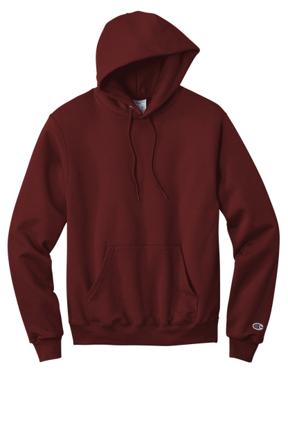Maroon Champion Powerblend Pullover Hoodie with custom logo print, soft fleece fabric, and classic fit.