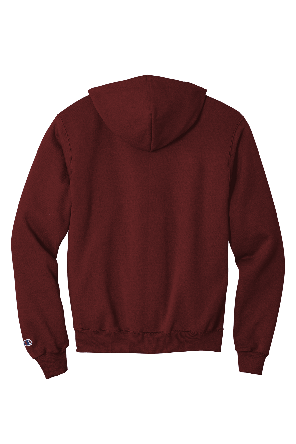 Maroon Champion Powerblend pullover hoodie with custom logo print, soft fleece fabric, classic fit, shown from back view.