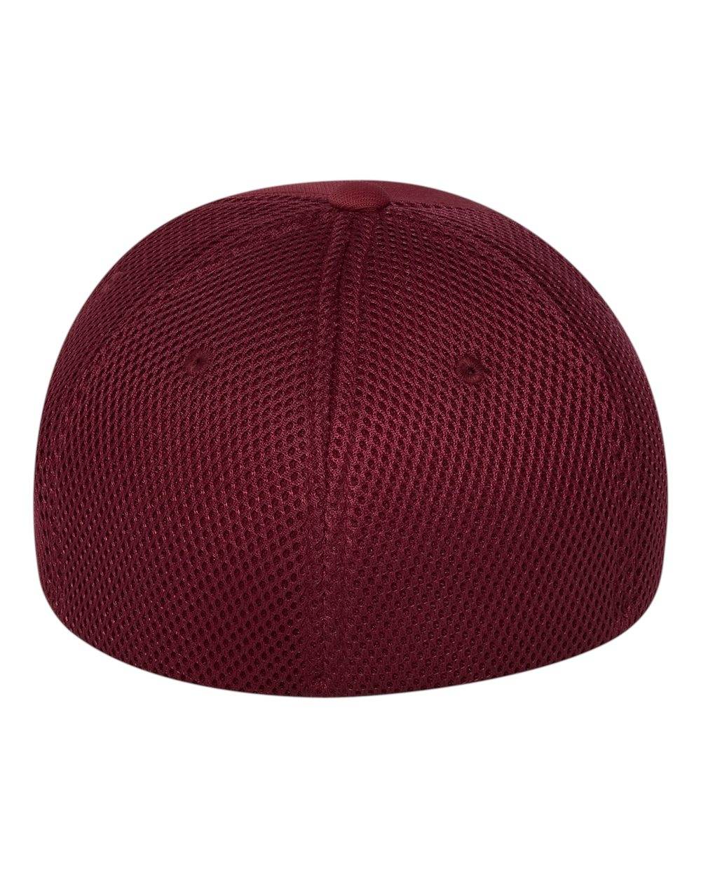 Maroon fitted mesh cap with printed front view, showcasing the Print-View brand logo and adjustable back strap.
