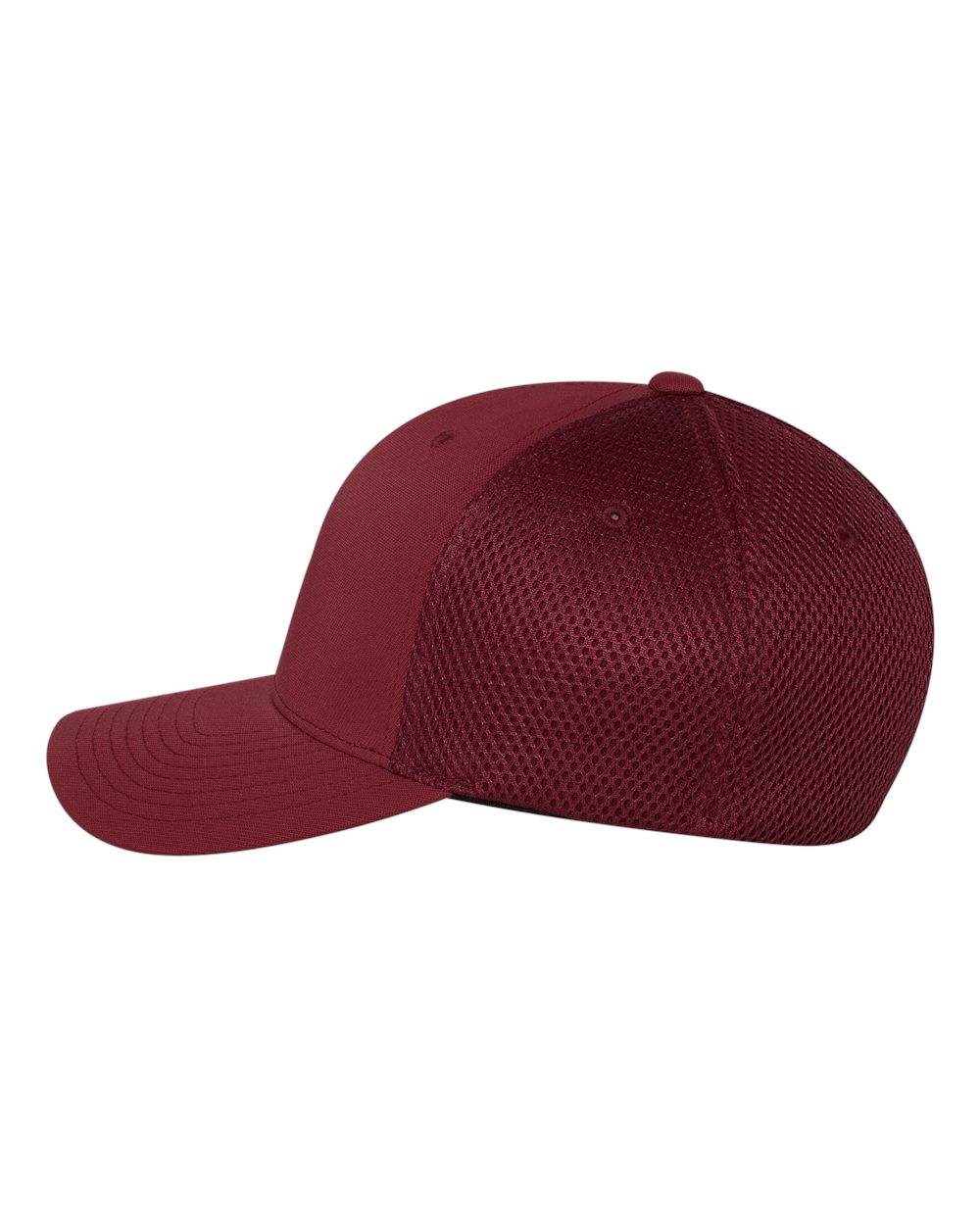 Maroon fitted mesh cap by Print-View with printed design, shown from the left side, perfect for customization and casual wear.
