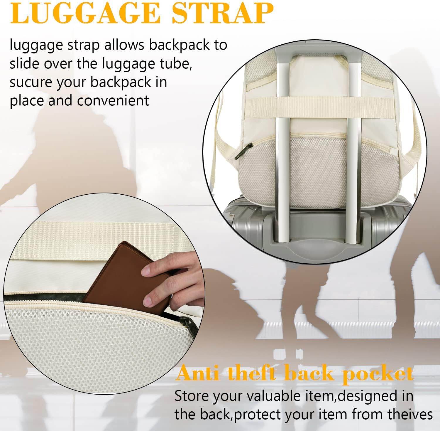 Matein beige travel backpack with USB port, water-resistant design, suitable for 15.6-inch laptops, ideal for students and travelers.