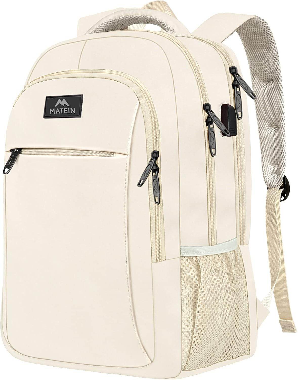 Beige Matein travel backpack with USB charging port, water-resistant design, 15.6-inch size, suitable for students and commuters.
