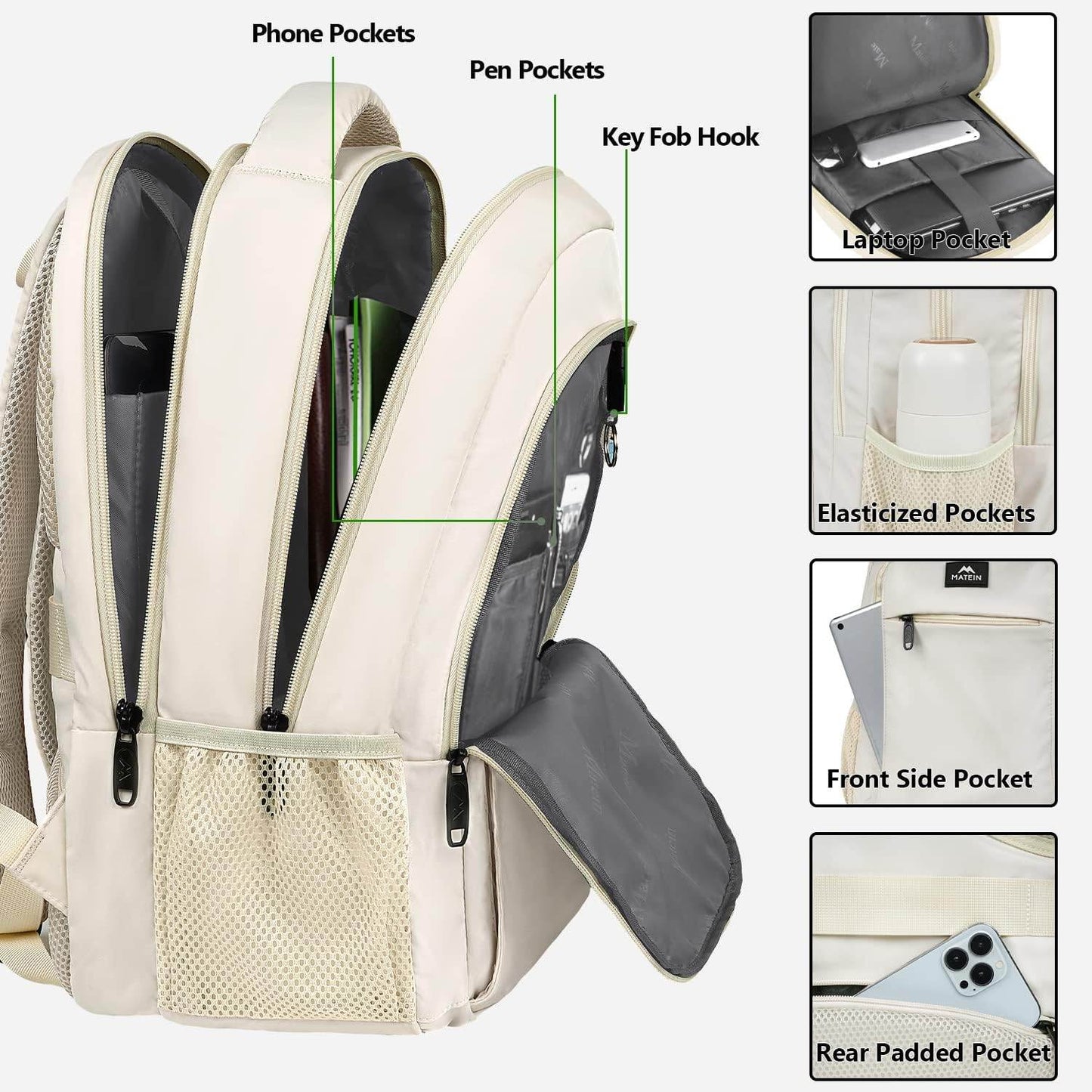 Matein water-resistant travel backpack with USB charging port and 15.6-inch capacity, ideal for students and commuters.