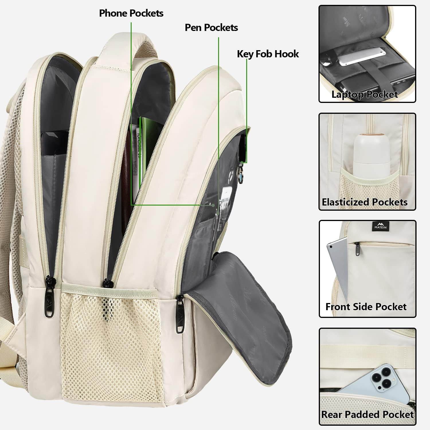 Matein water-resistant travel backpack with USB charging port and 15.6-inch capacity, ideal for students and commuters.