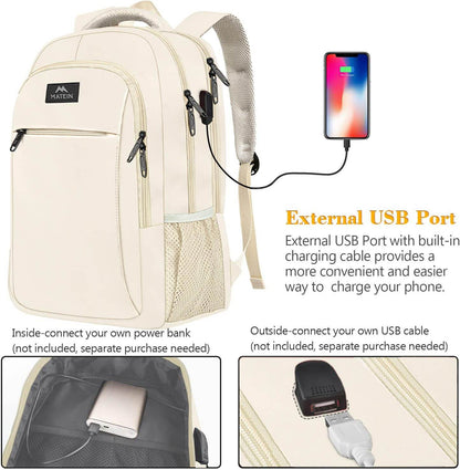 Beige Matein travel backpack with external USB charging port, water-resistant design, suitable for students, fits 15.6-inch laptops.