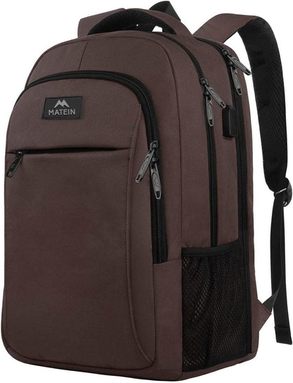 Brown Matein water-resistant travel backpack with USB port and 15.6-inch capacity, perfect for students and commuters.