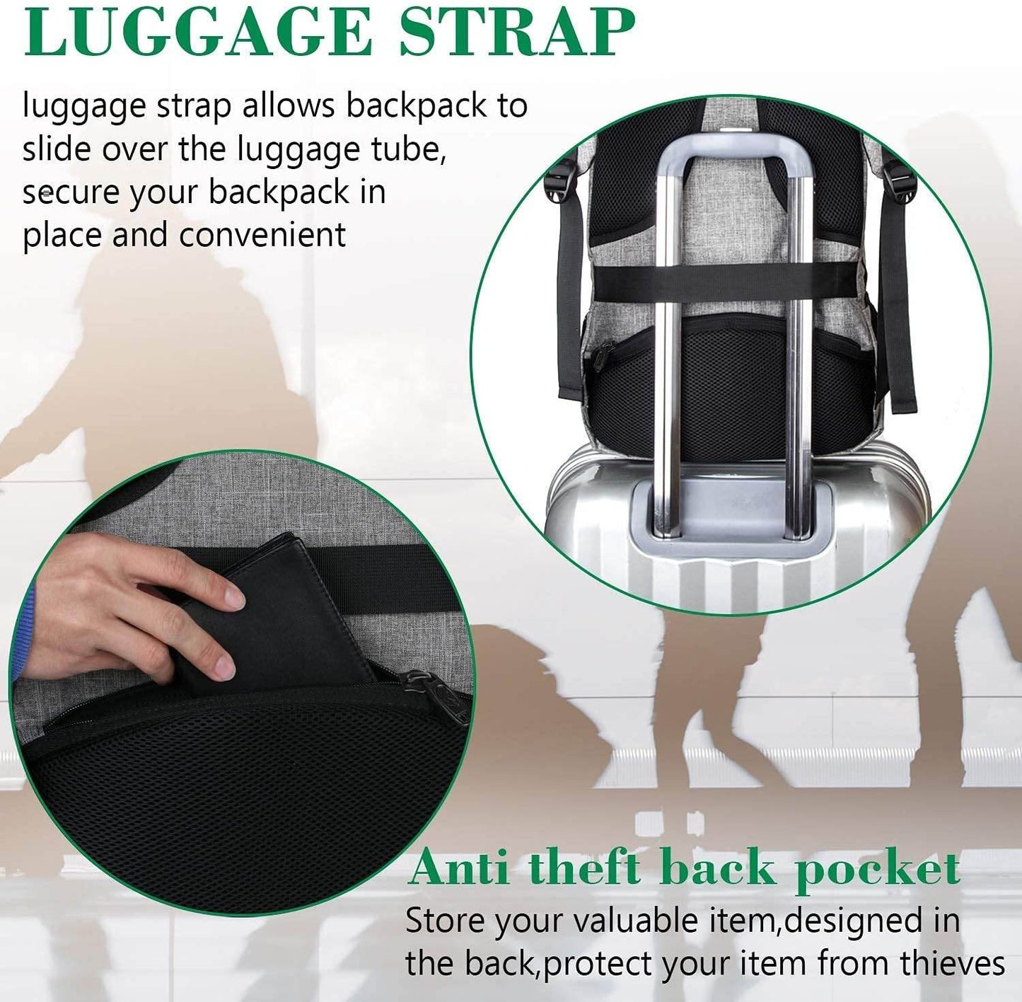 Matein travel backpack with USB charging port, water-resistant design, fits 15.6-inch laptops, ideal for students and travelers.