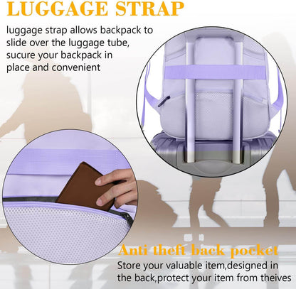 Matein anti-theft lavender travel backpack with USB charging port, water-resistant design, suitable for 15.6-inch laptops and students.