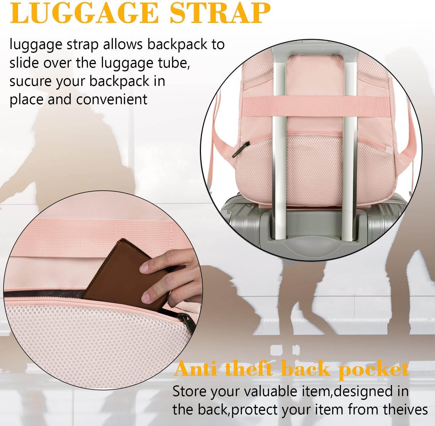 Pink Matein travel backpack with USB port, water-resistant design, 15.6-inch size, perfect for students and travelers