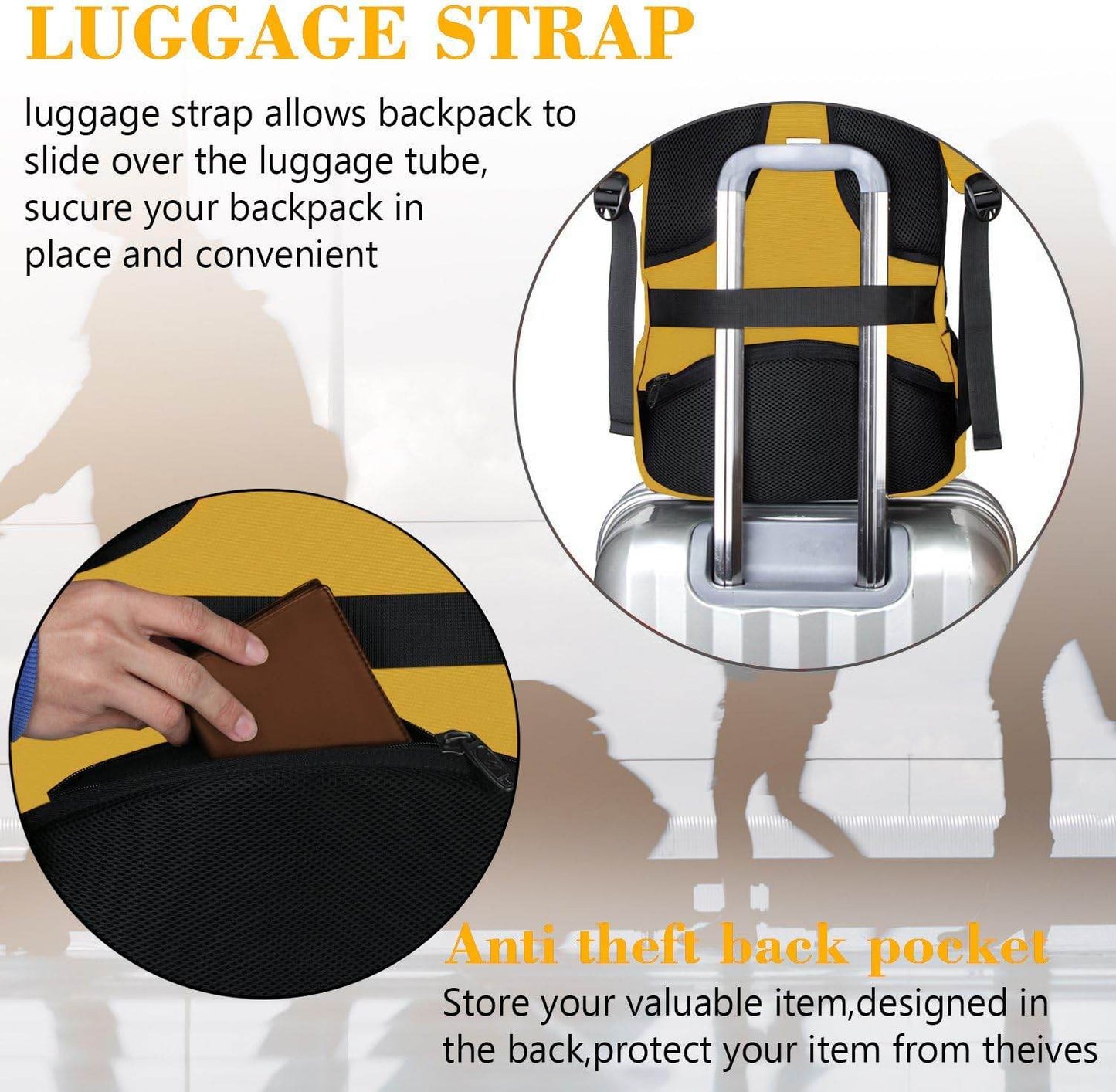 Yellow Matein travel backpack with USB port, water-resistant design, suited for students, fits 15.6-inch laptops, anti-theft features