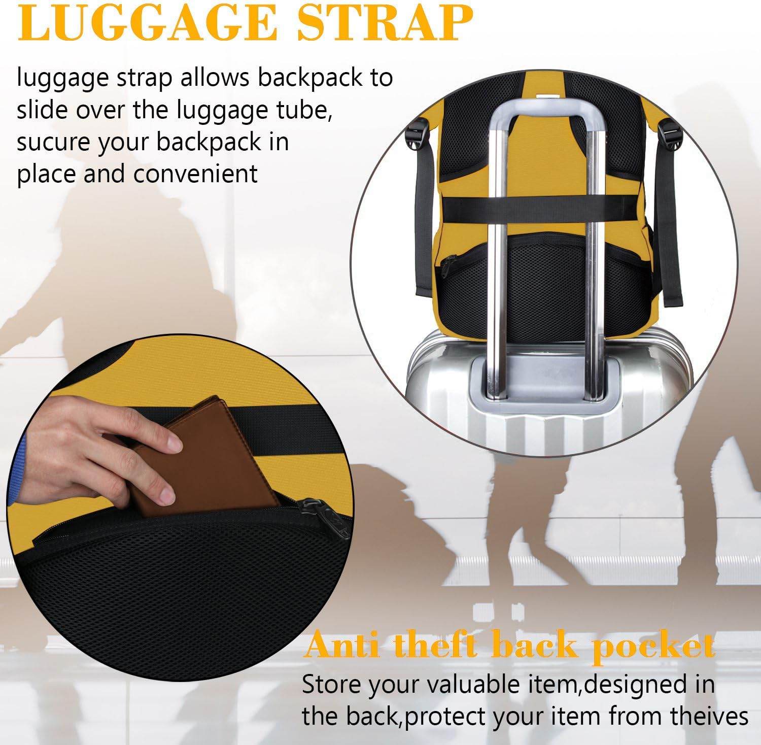 Yellow Matein travel backpack with USB port, water-resistant design, suited for students, fits 15.6-inch laptops, anti-theft features