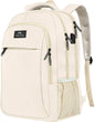 Matein beige travel backpack with USB charging port, water-resistant design, fits 15.6-inch laptops, ideal for students and travelers.
