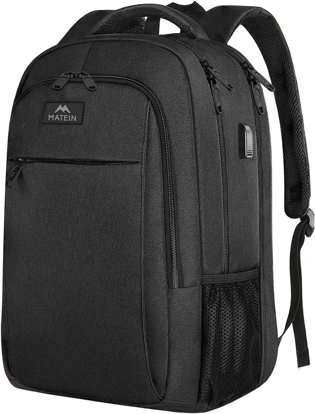 Black Matein travel backpack with USB charging port, water-resistant design, suitable for students, fits 15.6-inch laptops.