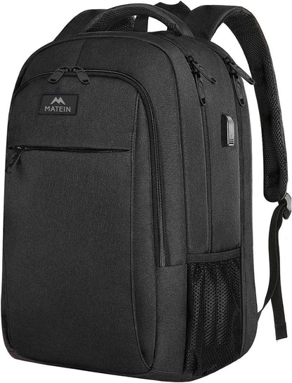 Black Matein travel backpack with USB charging port, water-resistant design, suitable for students, fits 15.6-inch laptops.