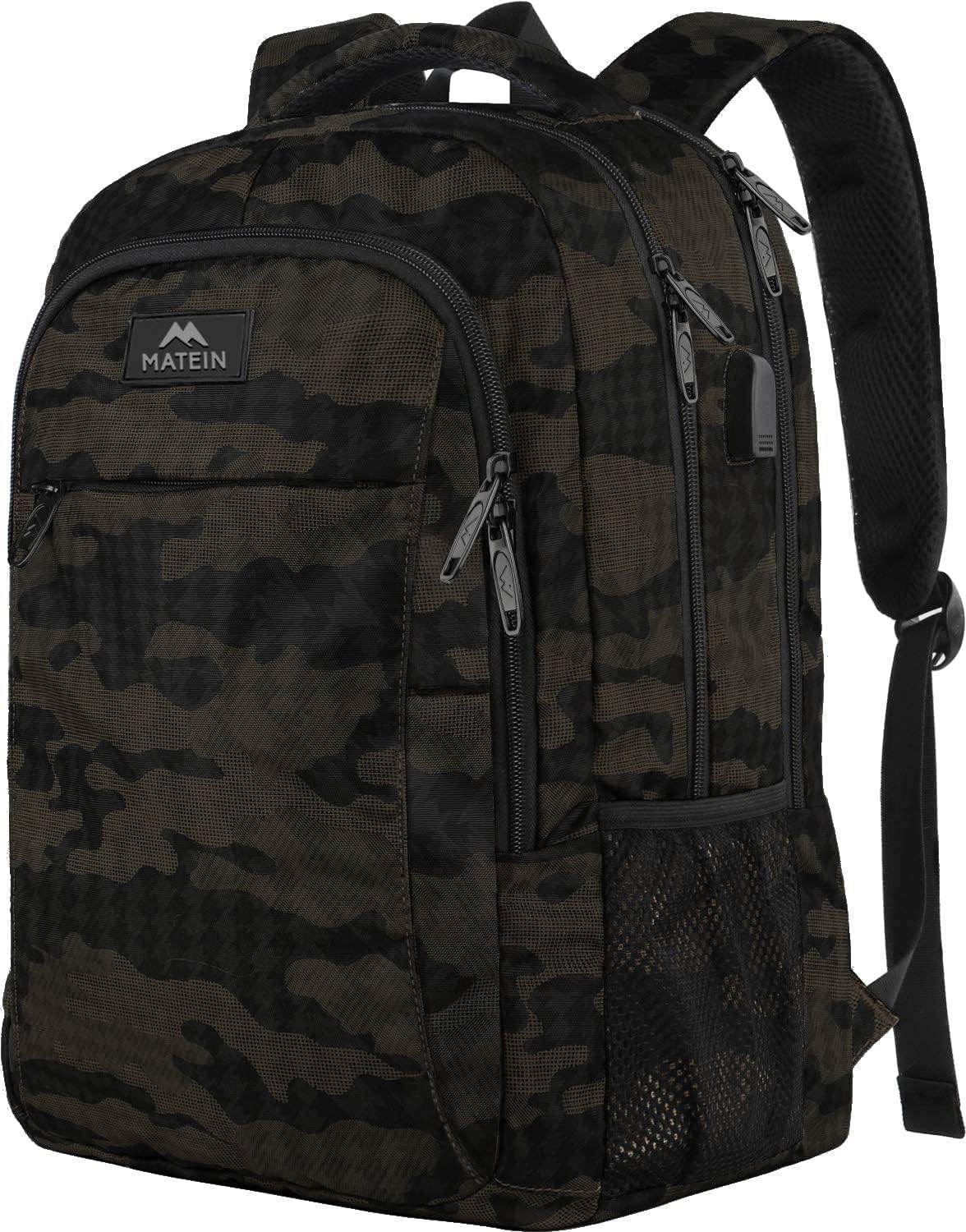 Camouflage Matein travel backpack with USB charging port, water-resistant, designed for students, fits 15.6-inch laptops, customizable option.