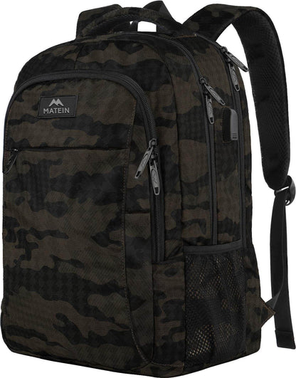 Camouflage Matein travel backpack with USB charging port, water-resistant, designed for students, fits 15.6-inch laptops, customizable option.