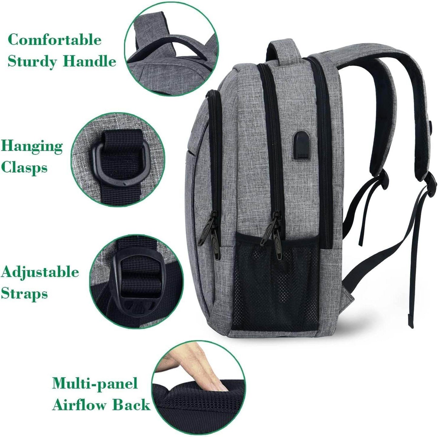 Matein travel backpack with USB charging port, water-resistant design, fits 15.6-inch laptops, ideal for students.