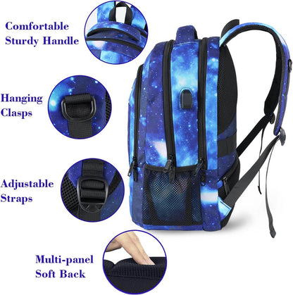 Matein travel backpack with USB port, water-resistant design, galaxy pattern, suitable for students, fits 15.6-inch laptops.