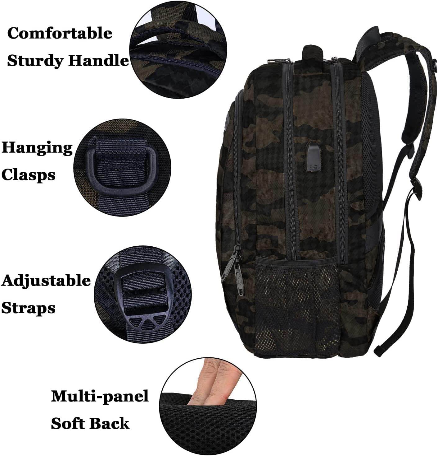 Matein water-resistant camouflage backpack with USB port, comfortable straps, fits 15.6-inch laptops, ideal for students and travelers.