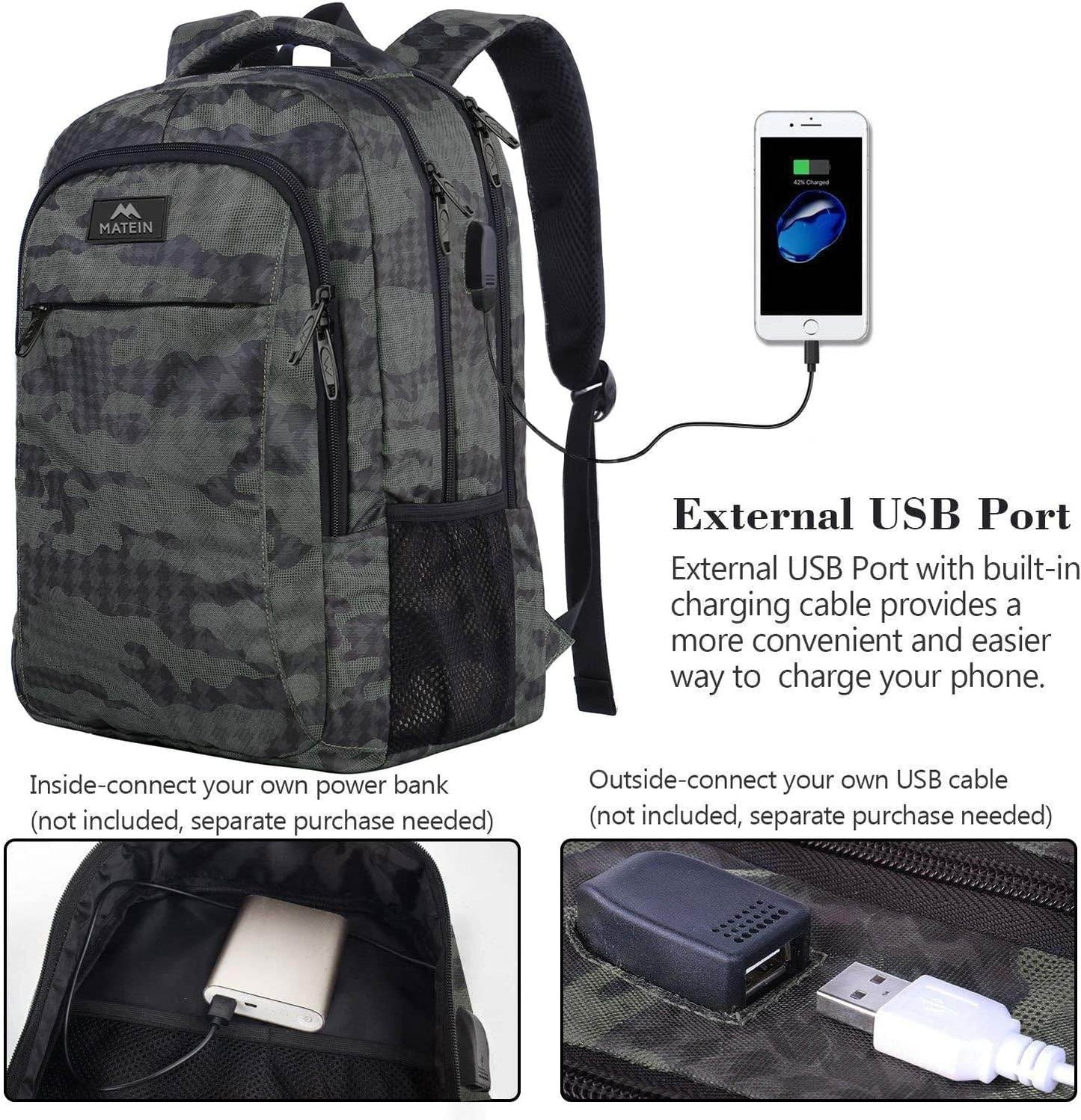 Matein travel backpack with USB charging port, water-resistant student bookbag, fits 15.6-inch laptops, available plain or customizable.