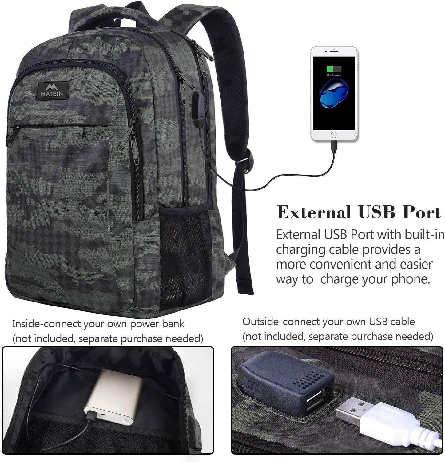 Matein travel backpack with USB charging port, water-resistant student bookbag, fits 15.6-inch laptops, available plain or customizable.