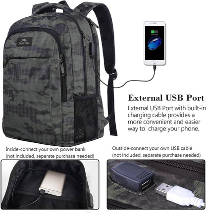 Matein travel backpack with USB charging port, water-resistant student bookbag, fits 15.6-inch laptops, available plain or customizable.