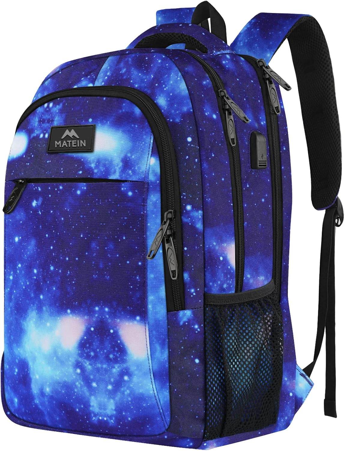 Matein galaxy-themed travel backpack with USB charging port, water-resistant material, designed for students and 15.6-inch laptops.