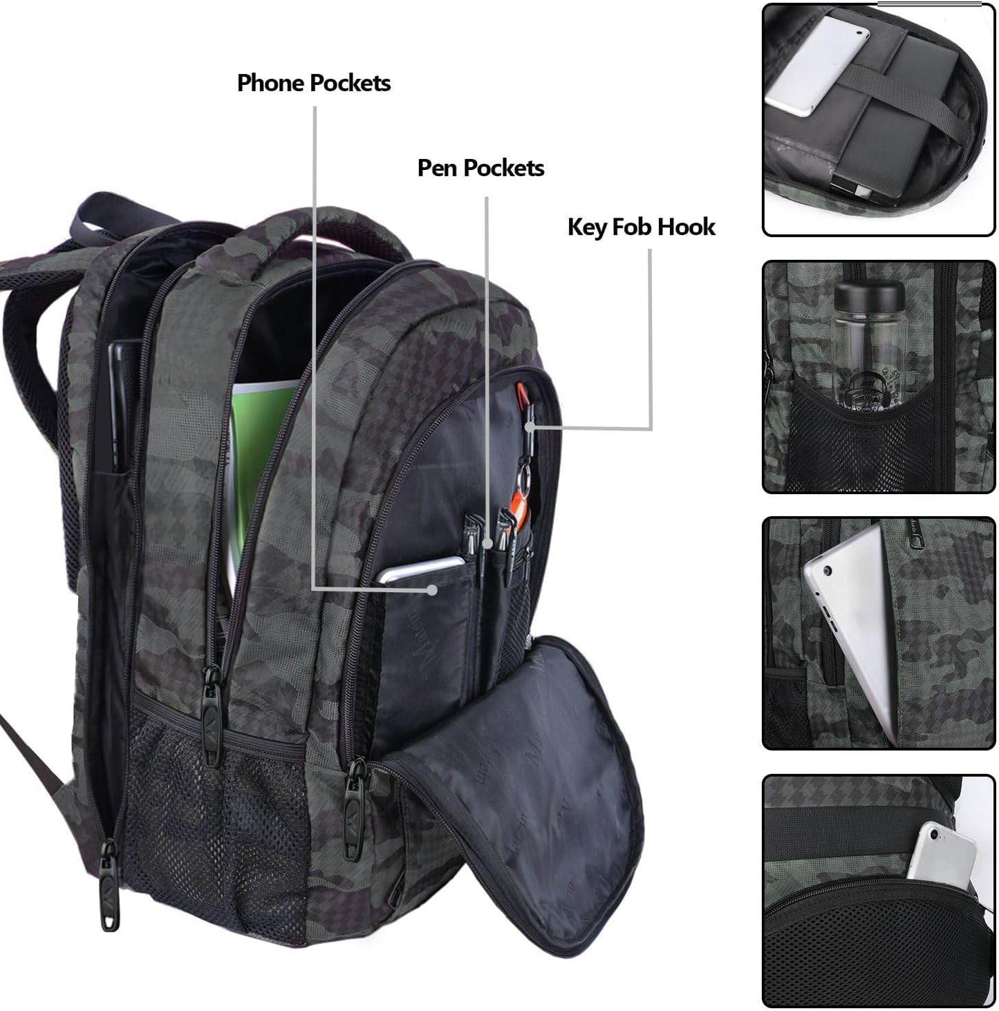 Grey camouflage Matein travel backpack with USB charging port, water-resistant design, suitable for 15.6-inch laptops and students