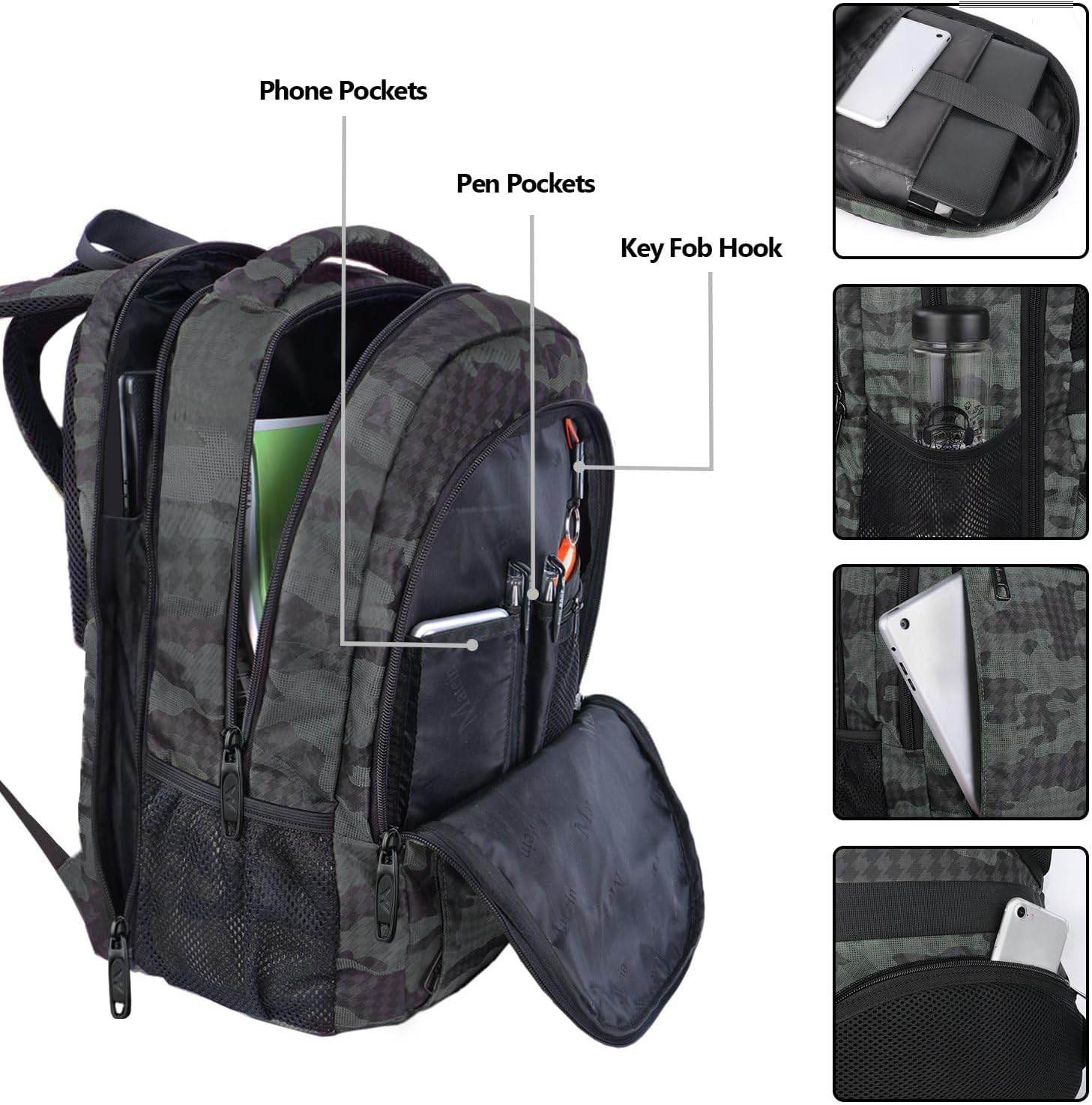 Grey camouflage Matein travel backpack with USB charging port, water-resistant design, suitable for 15.6-inch laptops and students