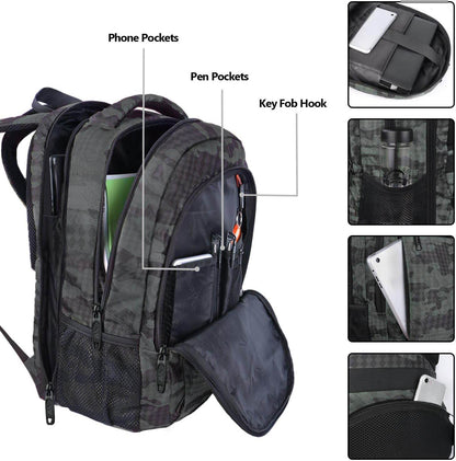 Grey camouflage Matein travel backpack with USB charging port, water-resistant design, suitable for 15.6-inch laptops and students