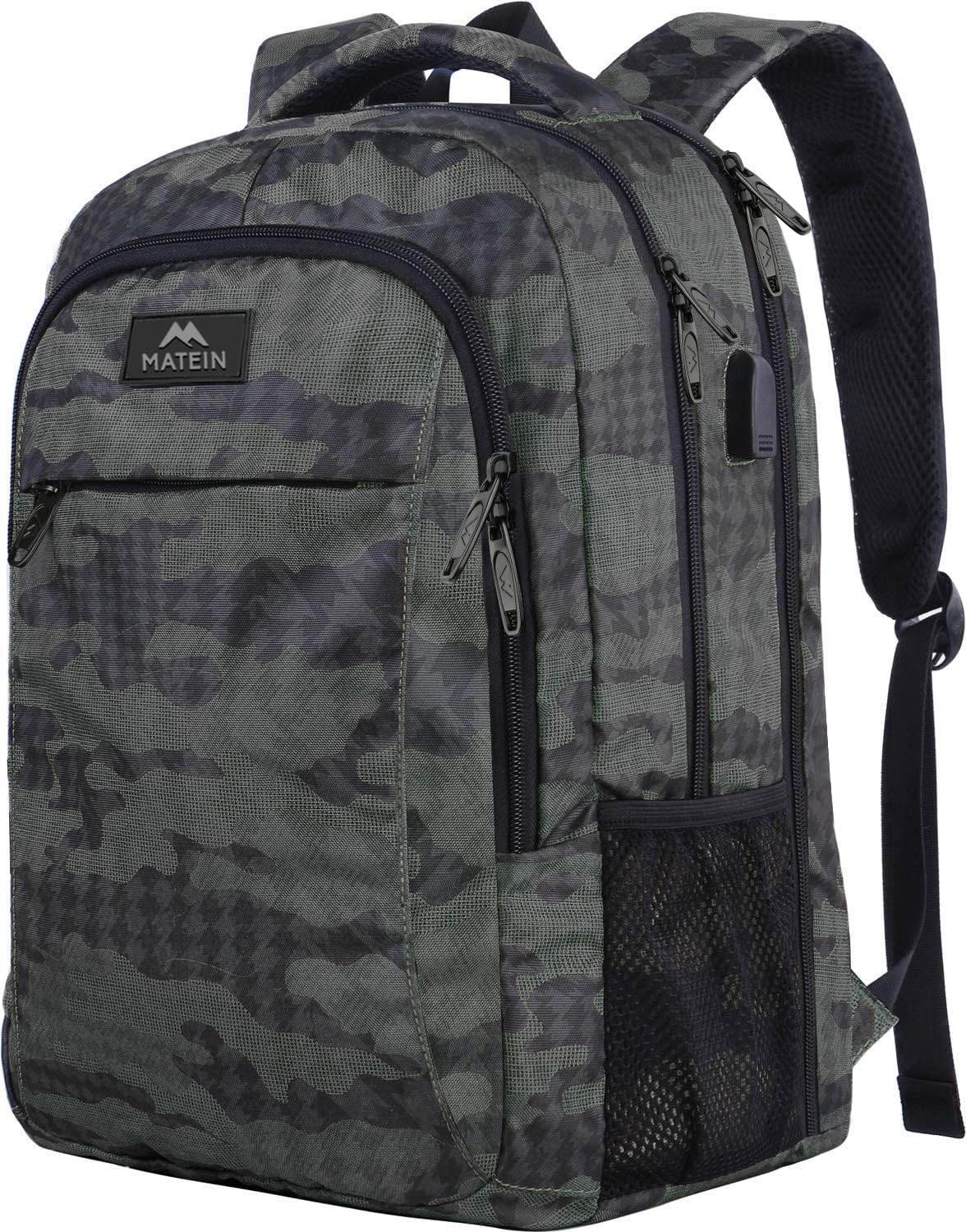 Grey camo Matein travel backpack with USB port and water-resistant design, fits 15.6-inch laptops, ideal for students.