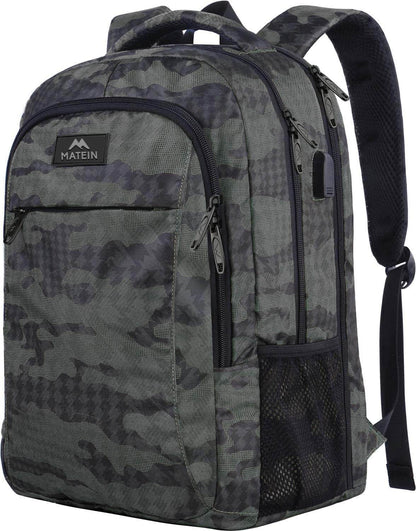 Grey camo Matein travel backpack with USB port and water-resistant design, fits 15.6-inch laptops, ideal for students.