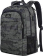 Grey camo Matein travel backpack with USB port and water-resistant design, fits 15.6-inch laptops, ideal for students.