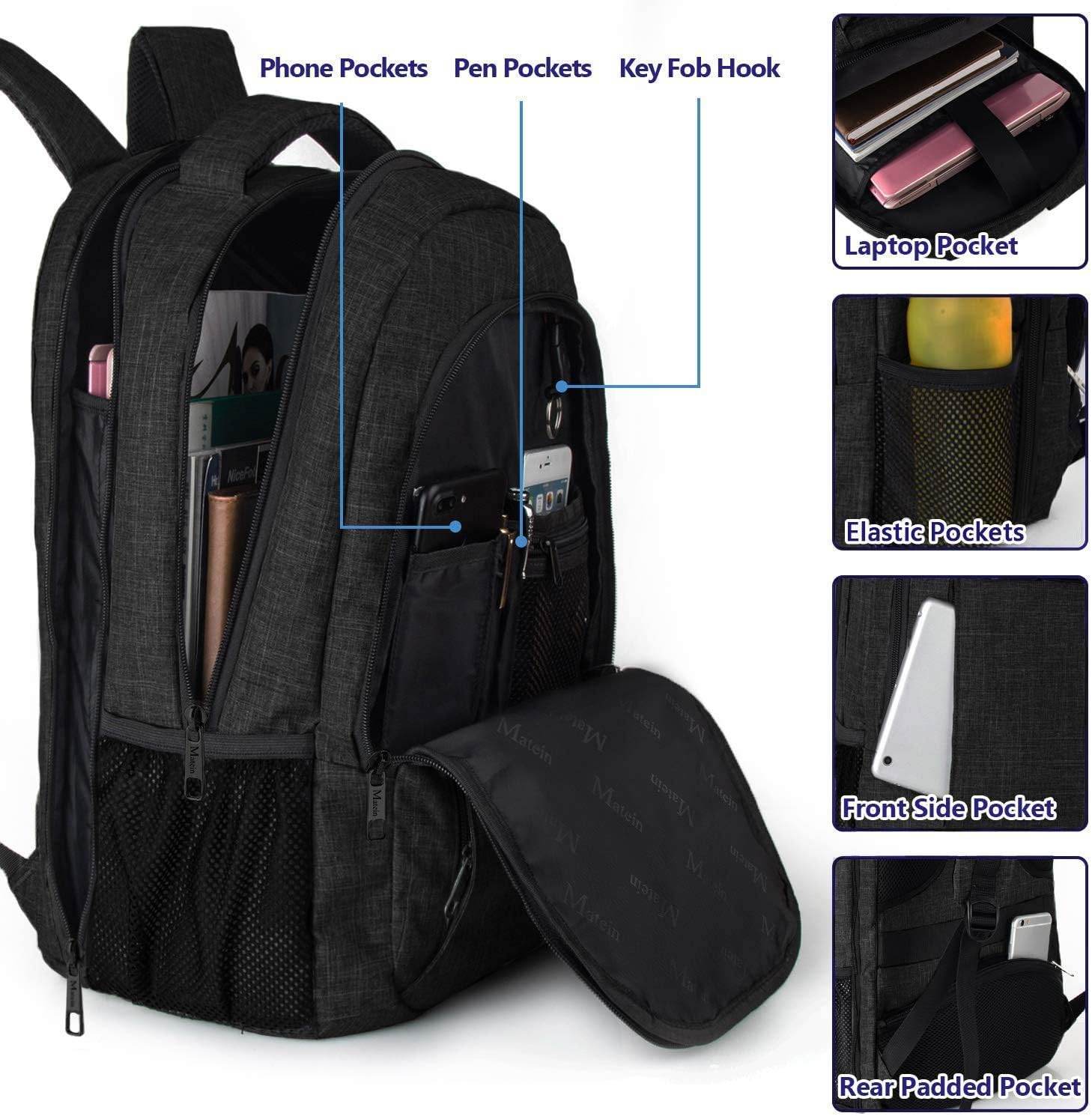 Matein travel backpack with USB port, large capacity, water-resistant black student bookbag for 15.6-inch laptops.