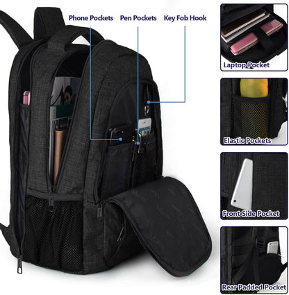 Matein travel backpack with USB port, large capacity, water-resistant black student bookbag for 15.6-inch laptops.