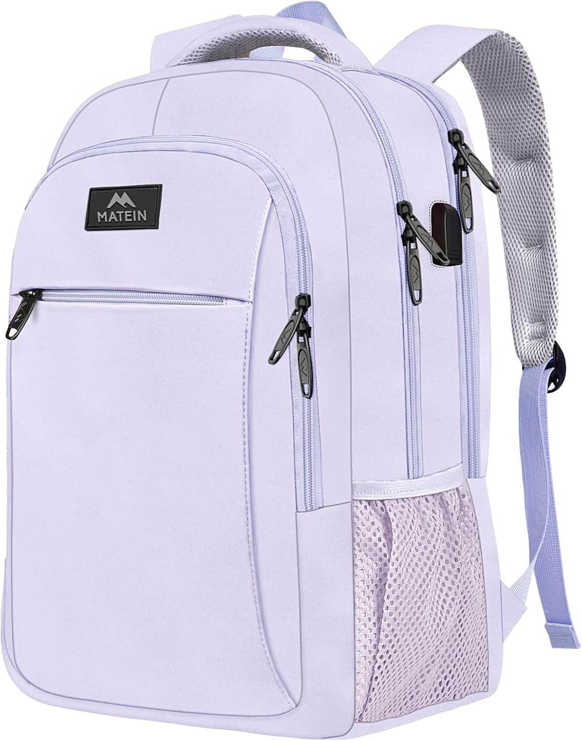 Matein travel backpack in lavender color with USB charging port, water-resistant design, fits 15.6-inch laptops, ideal for students.