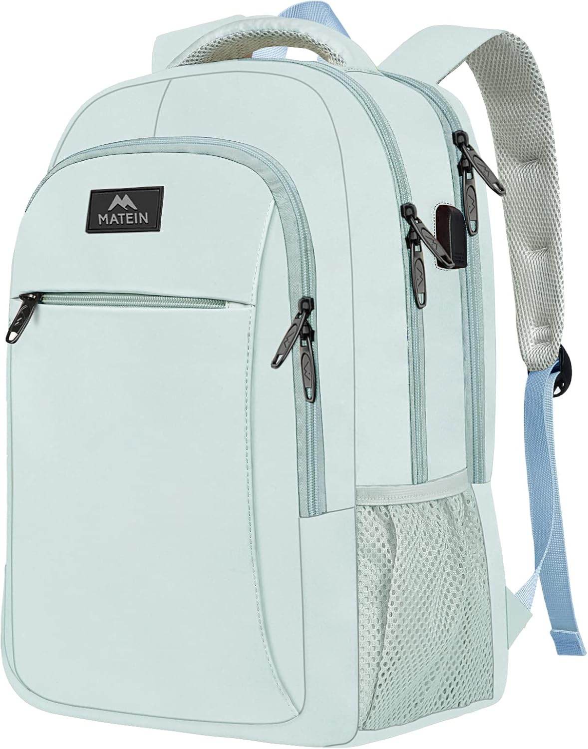 Light blue Matein travel backpack with USB charging port, water-resistant material, suitable for 15.6-inch laptops and students.