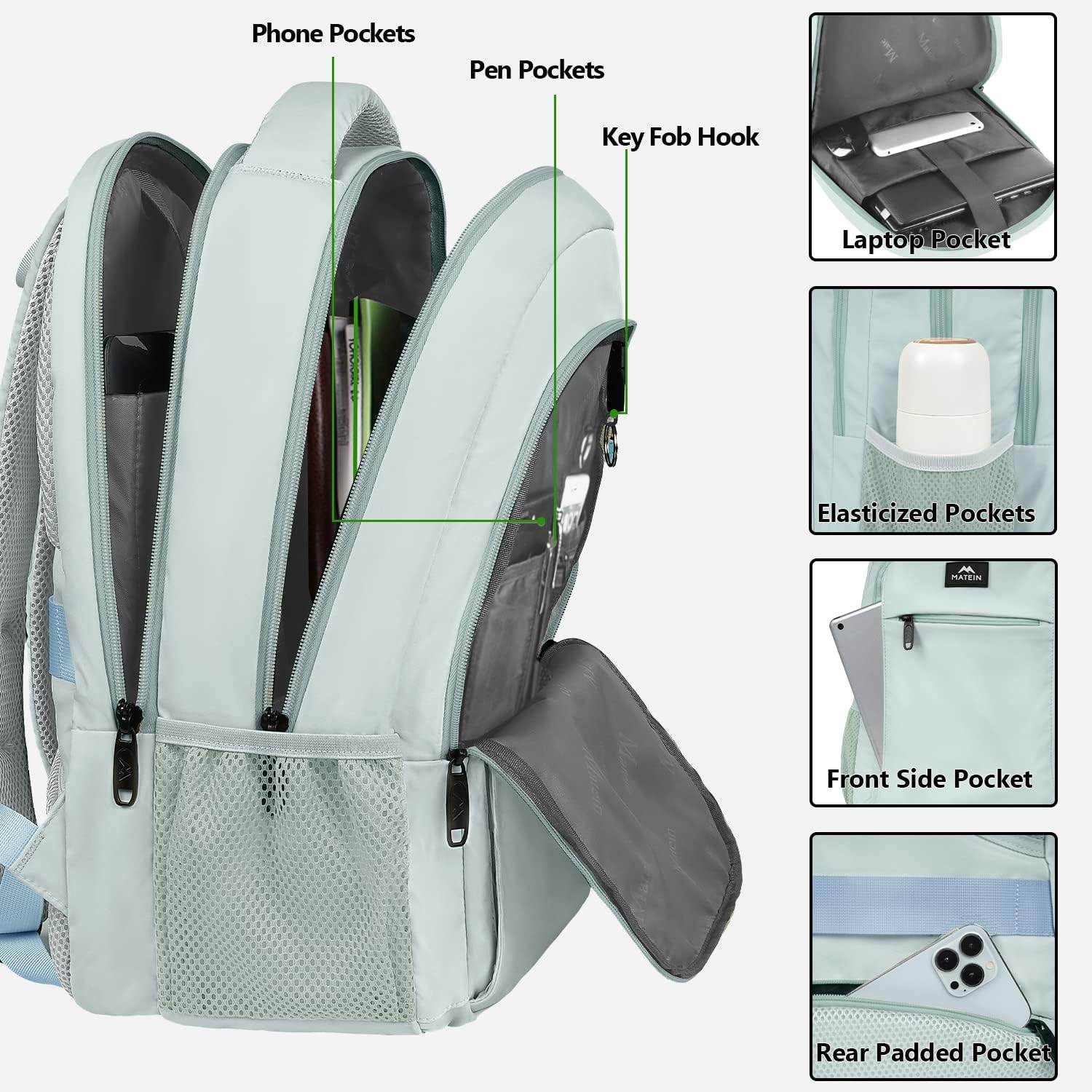 Matein light blue travel backpack with USB port, water-resistant design, 15.6-inch capacity, and luggage strap for students.