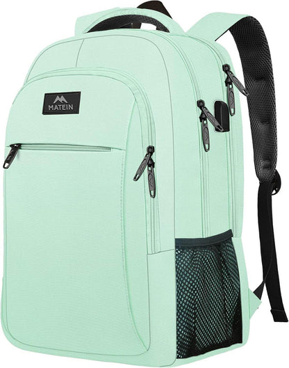 Mint Matein travel backpack with USB port, water-resistant design, fits 15.6-inch laptops, ideal for students and travelers.