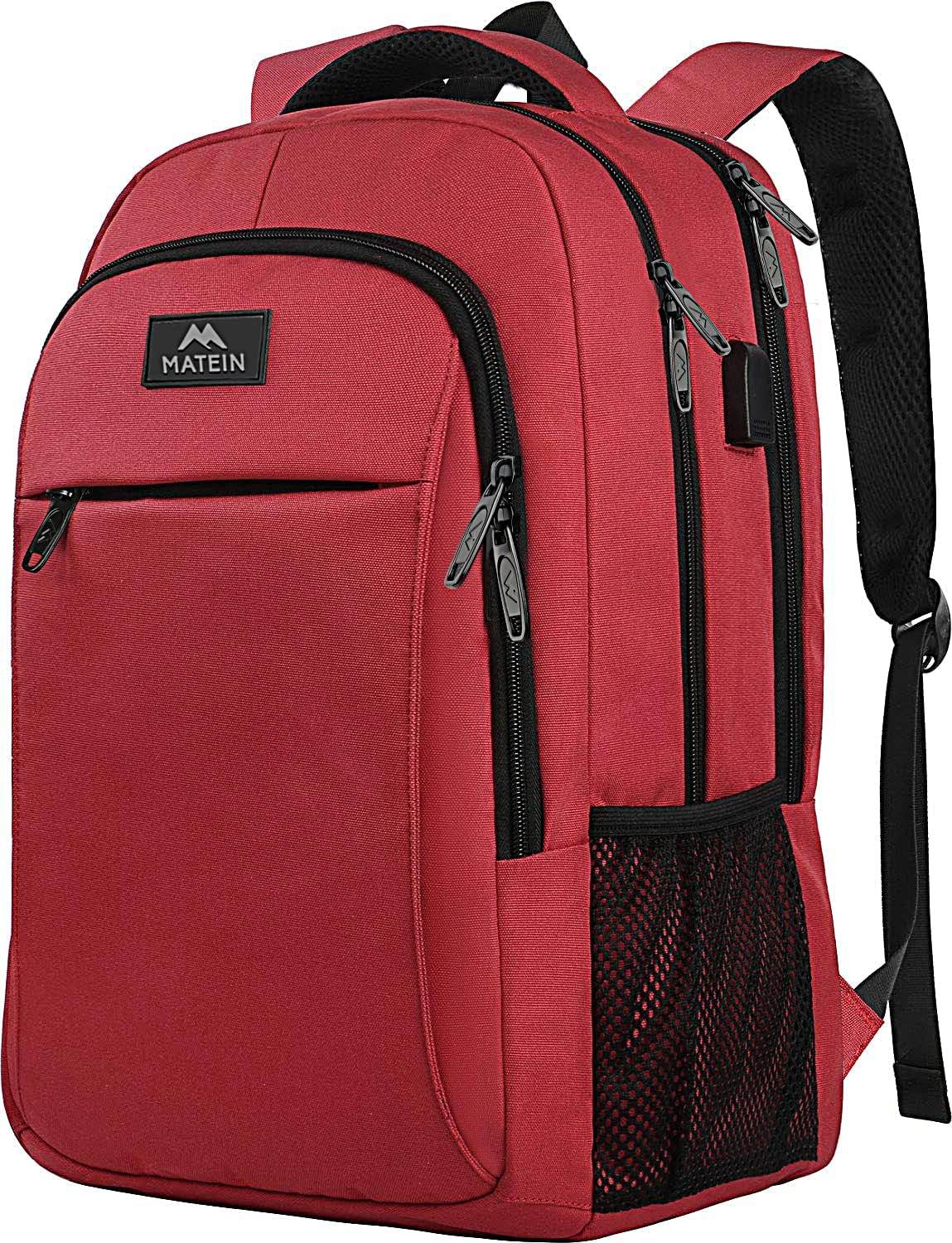 Red Matein travel backpack with USB port, water-resistant design, 15.6-inch capacity, ideal for students or travelers.