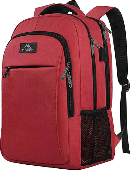 Red Matein travel backpack with USB port, water-resistant design, 15.6-inch capacity, ideal for students or travelers.