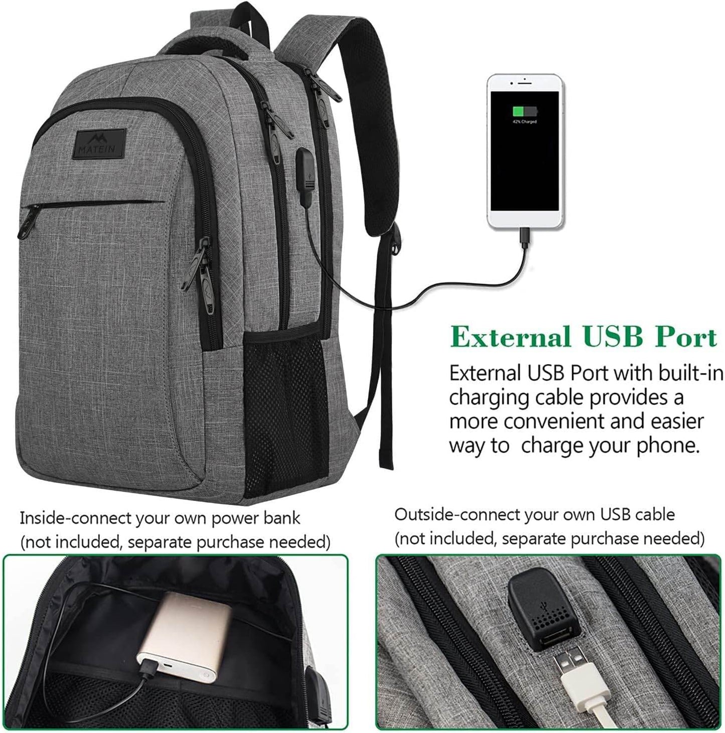 Matein travel backpack with USB charging port, water-resistant design, 15.6-inch size, ideal for students and travelers.